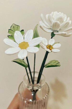 Handmade White Glass Daisy Figurine: Custom Chrysanthemum Flower Decor