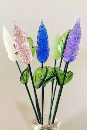 Glass Lavender in Purple, Pink, Blue, Glass Flower with Stem, Boho Lavender Glass Sculpture, Table Shelf Decor, Wedding Gift for Her