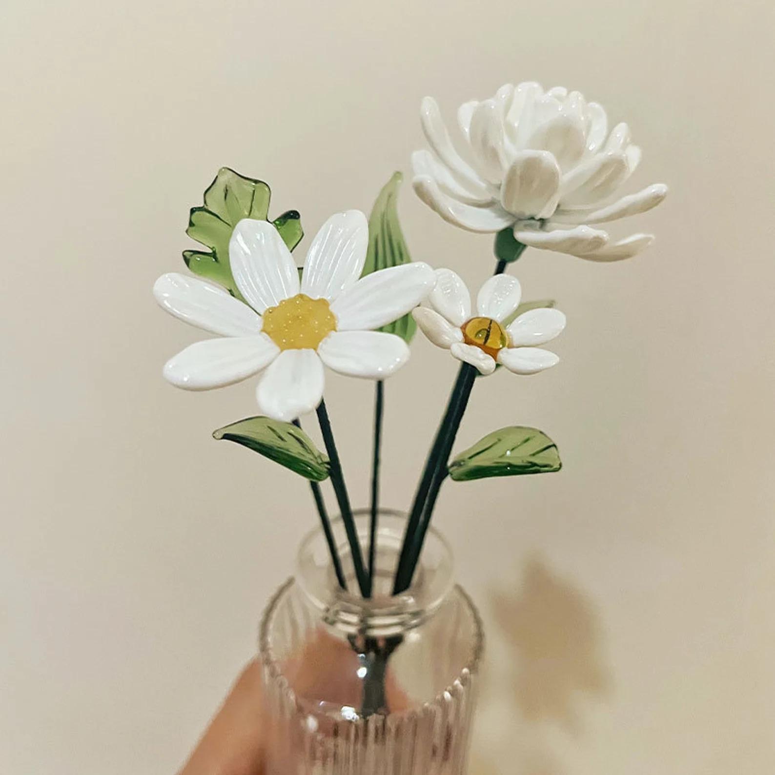 Handmade White Glass Daisy Figurine: Custom Chrysanthemum Flower Decor