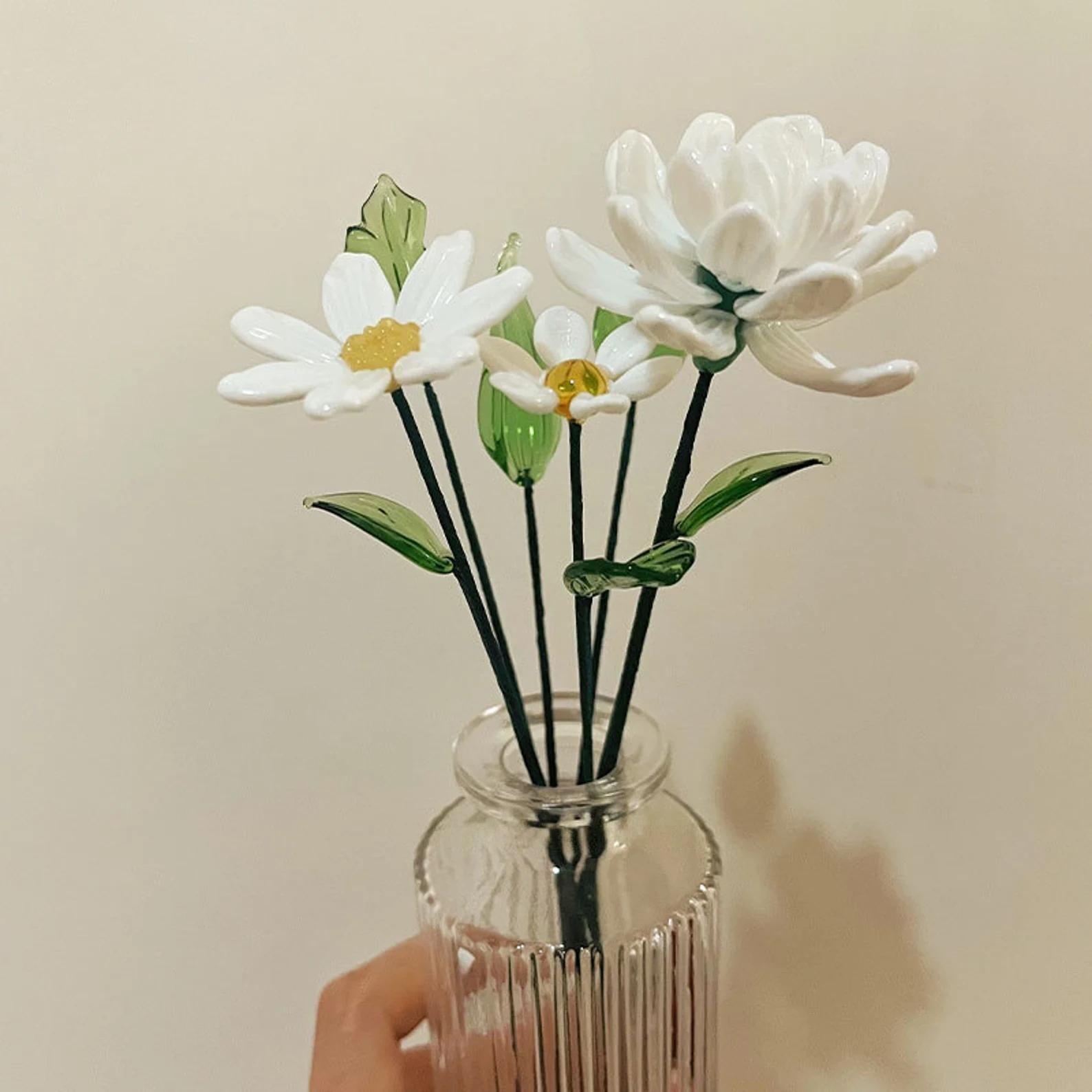 Handmade White Glass Daisy Figurine: Custom Chrysanthemum Flower Decor - Image 6
