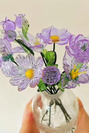 Purple Glass Flower with Stems, Aster, Lily, Iris, Cosmos, Glass Flowers Sculpture,Custom Flower Figurine,Table Decor,Birthday Gift for Her