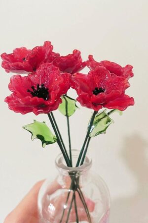 Glass Red Poppy with Stem and leaf, Unique Glass Flower, Glass Birth Flower, Aesthetic Home Decor, August Birthday Gift for Mom