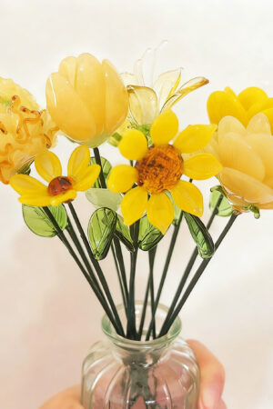 Yellow Glass Flowers, Glass Sunflower, Tulip, Daffodils, Larkspur. Mini Flower Glass Sculpture, Cute Home Decor, Handmade Gift for Her