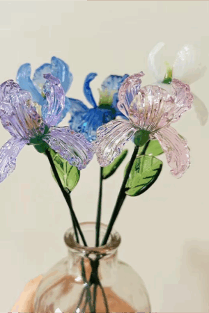 Purple Iris Glass Birth Flower with Stem, Blue Glass Iris Figurine, Unique Glass Art Flower, Home Decor, Birthday Gift for Mom her wife