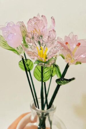 Pink Glass Flower with Stems, Lily, Larkspur, Rose, Daffodil Figurine, Custom Glass Flower, Home Office Decor, Wedding Gift for Her